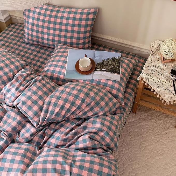 mixinni Plaid Comforter Set Twin XL - 3 Piece Soft Geometric Checkered Comforter with 2 Pillow Shams, Modern Gingham Pattern Bedding Set for All Season, Breathable & Soft Cozy (Pink, Purple, Blue)
