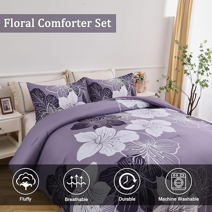 Menghomeus Queen Comforter Set Dark Purple Floral Bedding Comforter Sets - Soft Microfiber Bed Comforter Set for All Season, 3 Piece Botanical Flowers Comforter, Pillowcases