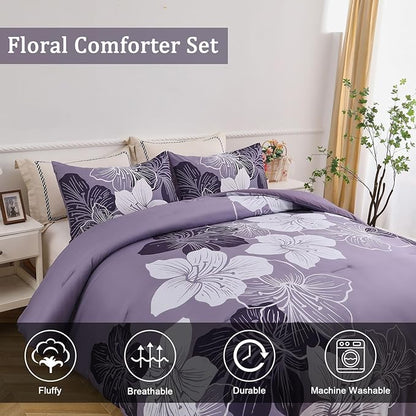 Menghomeus Queen Comforter Set Dark Purple Floral Bedding Comforter Sets - Soft Microfiber Bed Comforter Set for All Season, 3 Piece Botanical Flowers Comforter, Pillowcases