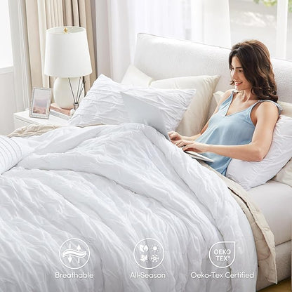 Comfort Spaces Twin/Twin XL Comforter Set for College Ogee Ruched Crinkle Texture Breathable Comforter Set Twin Dorm All Season Lightweight Bedding Set Shabby Chic Décor Pilow White 3 Piece