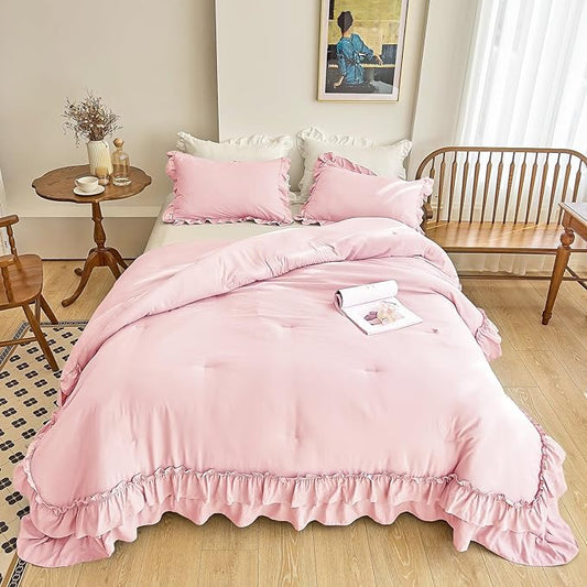 AIKASY Peach Pink Ruffle Comforter Set Queen, 3 Pieces Vintage Ruffle Fringe Comforter, Farmhouse Rustic Microfiber Down Alternative Bedding