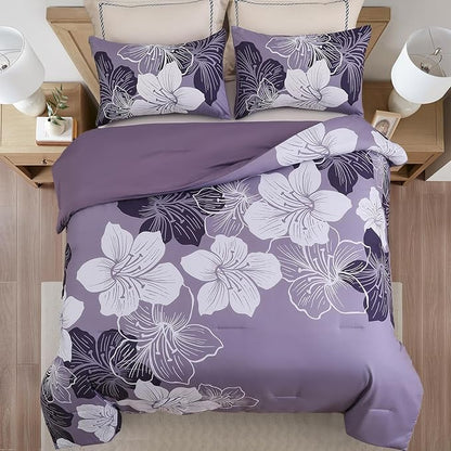 Menghomeus King Size Comforter Set Dark Purple Floral Bedding Comforter Sets Soft Microfiber Bed Comforter Set for All Season, 3 Piece Botanical Flowers Comforter, Pillowcases