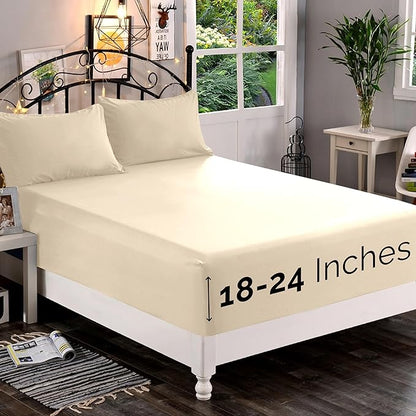 Elegant Comfort 1500 Premium Quality Fitted Sheet Ultra Soft 18-24 Inch Extra Deep Pocket - Single Fitted Sheet for High Mattress - Wrinkle Free with Smart Storage Pockets, Full, Cream