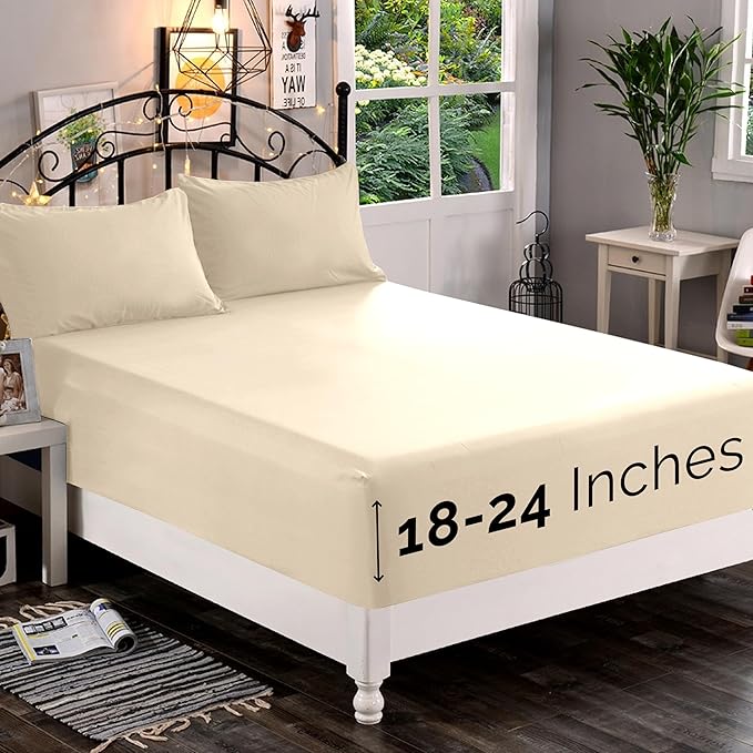 Elegant Comfort 1500 Premium Quality Fitted Sheet Ultra Soft 18-24 Inch Extra Deep Pocket - Single Fitted Sheet for High Mattress - Wrinkle Free with Smart Storage Pockets, Twin/Twin XL, Cream