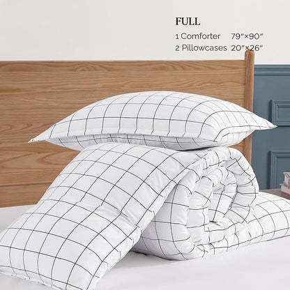 Andency White Grid Comforter Set Full Size (79x90 Inch), 3 Pieces(1 Grid Comforter and 2 Pillowcases), Summer Lightweight Microfiber Down Alternative White Comforter with Black Lines