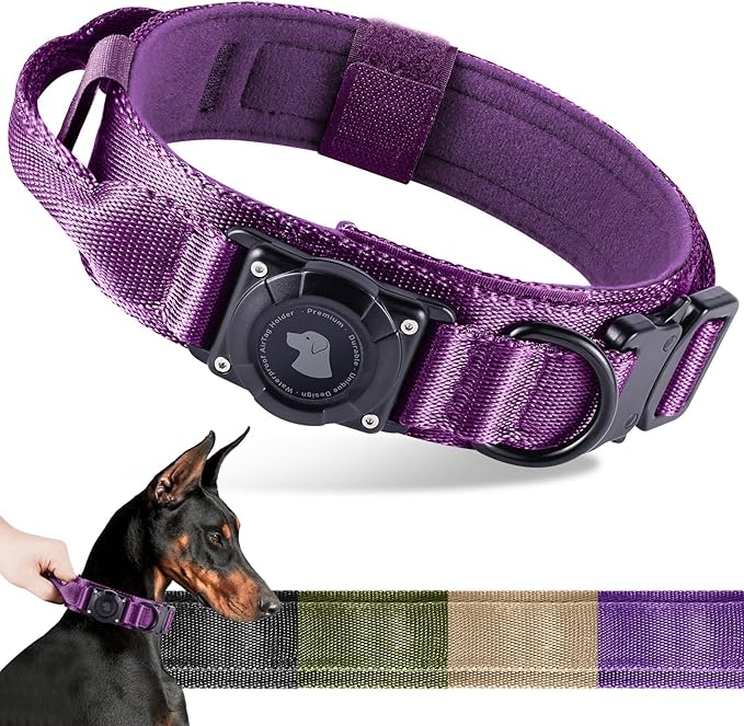 2026 Upgrade Waterproof Tactical AirTag Dog Collar, Built in AirTag Holder | Comfortable Control Handle, Quick Release Metal Buckle, Durable 1000D Nylon, For Medium to Large Dogs, Purple, L