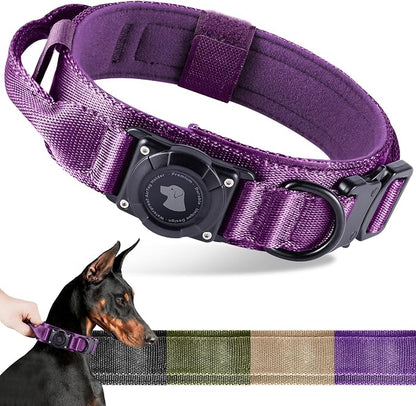 2026 Upgrade Waterproof Tactical AirTag Dog Collar, Built in AirTag Holder | Comfortable Control Handle, Quick Release Metal Buckle, Durable 1000D Nylon, For Medium to Large Dogs, Purple, M