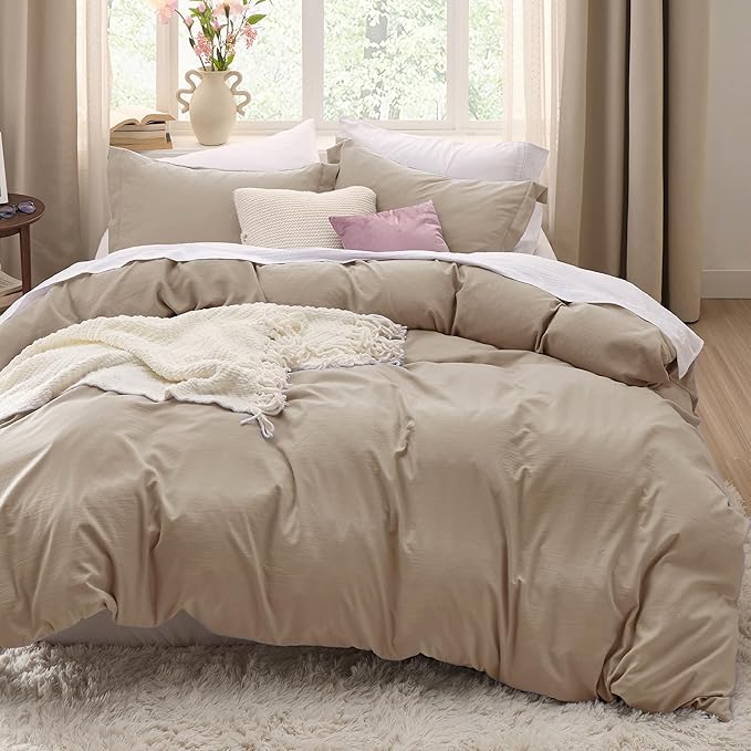 Bedsure Light Brown Duvet Cover Full Size - 3 Pieces Prewashed Extra Soft Cotton-Like Bedding Set, Includes 1 Duvet Cover 80x90 Inches with Zipper Closure & 2 Pillow Shams, Comforter Not Included