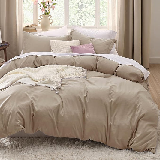 Bedsure Light Brown Duvet Cover Full Size - 3 Pieces Prewashed Extra Soft Cotton-Like Bedding Set, Includes 1 Duvet Cover 80x90 Inches with Zipper Closure & 2 Pillow Shams, Comforter Not Included