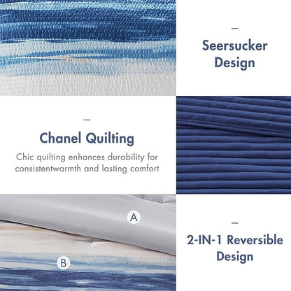 Madison Park Marina Comforter Quilt Combo Set - Modern Luxury Design, All Season Down Alternative Bedding, Matching Shams, Decorative Pillows, King/Cal King(104"x92") Seersucker Blue 8 Piece