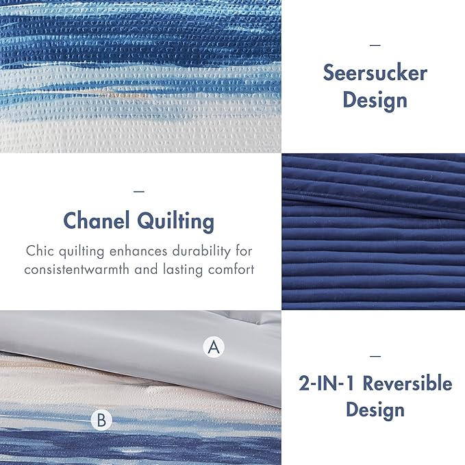 Madison Park Marina Comforter Quilt Combo Set - Modern Luxury Design, All Season Down Alternative Bedding, Matching Shams, Decorative Pillows, Full/Queen(90"x90"), Seersucker Blue 8 Piece