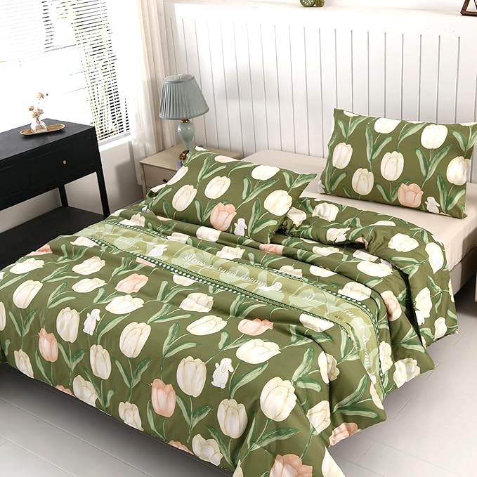 SDIII Rabbit and Green Floral Comforter Set Twin 3 Pieces, Soft Microfiber Green Floral Comforter Twin Size, Botanical Bedding Set All Season