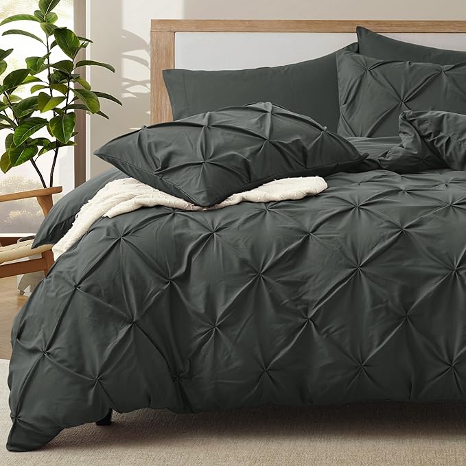 VACVELT 5 Piece Pinch Pleated Duvet Cover King Size Set, Charcoal Black Pintuck Duvet Cover with Zipper & 8 Ties, Shabby Chic Microfiber + 2 Pillow Shams + 2 Pillowcases, No Comforter