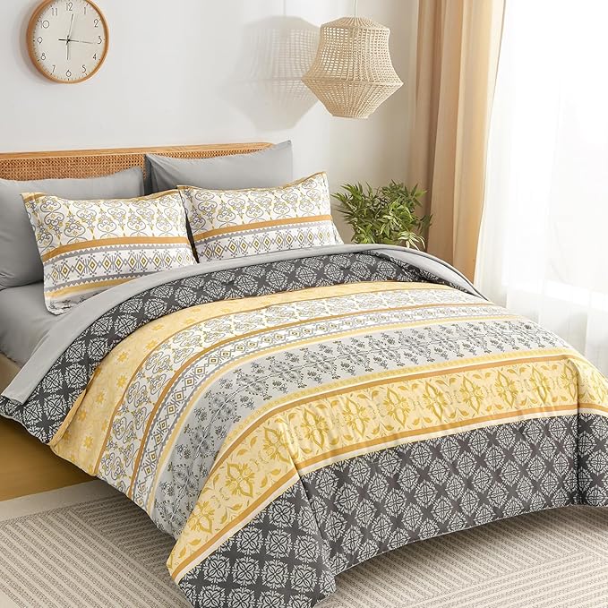 WONGS BEDDING Boho Comforter Set King Size,7 Pieces Bed in a Bag Bohemian Striped Bedding Set,Yellow Paisley Floral Comfortet and Sheet Set,Soft Microfiber Bedding Sets for All Season