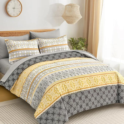 WONGS BEDDING Boho Comforter Set King Size,7 Pieces Bed in a Bag Bohemian Striped Bedding Set,Yellow Paisley Floral Comfortet and Sheet Set,Soft Microfiber Bedding Sets for All Season