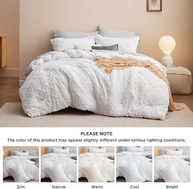 Bedsure Twin Comforter Set - White Boho Twin Comforter, Shabby Chic Dorm Bedding Set for Kids, 2 Pieces Modern Farmhouse Bed Set, Includes 1 Pillow Sham