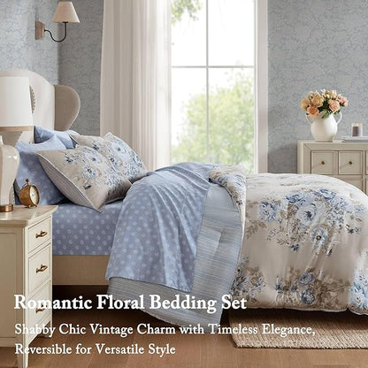 Madison Park Essentials Floral Comforter Set Cal King Size, Vintage Flower Bedding Set with Sheet Set, 7 Pieces Bed in a Bag, Reversible Botanical Comforter, Pillowcases & Shams, Heather, Beige/Blue