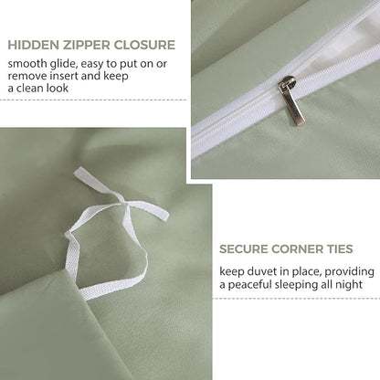 JSD Sage Green Duvet Cover Set Queen Size, 3 Piece Duvet Cover with Pillow Shams, Soft Brushed Microfiber Zipper Closure, Comforter Not Included