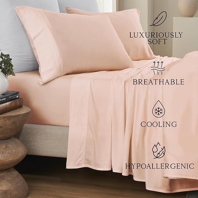 KARISSA MAE Cooling Bamboo Viscose Split King Sheet Set | 100% FSC Certified | 18” Deep Pocket | Silky, Soft, & Hypoallergenic | with Organizer Band & Elastic Corner Straps [Pink Peony]