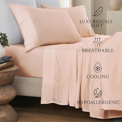 KARISSA MAE Cooling Bamboo Viscose Split King Sheet Set | 100% FSC Certified | 18” Deep Pocket | Silky, Soft, & Hypoallergenic | with Organizer Band & Elastic Corner Straps [Pink Peony]