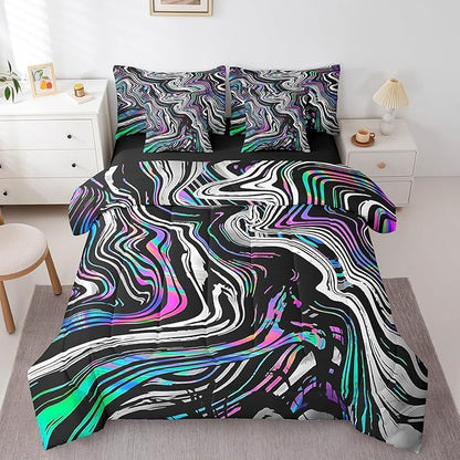 Neon Stripes Bedding Sets Colorful Gradient Geometric Lines Comforter Set for Kids Teens Adults All Season (Comforter Flat Sheet Fitted Sheet 2 Pillowcases 2 Throw Pillow Covers) Queen 7 Pcs