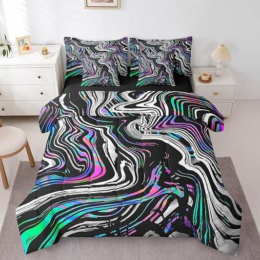 Neon Stripes Bedding Sets Colorful Gradient Geometric Lines Comforter Set for Kids Teens Adults All Season (Comforter Flat Sheet Fitted Sheet 2 Pillowcases 2 Throw Pillow Covers) Queen 7 Pcs