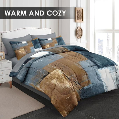5 Pcs Twin Size Comforter Set with Pillowcase & Sham, Grey Brown Painting Bedding for Kids and Adults, Beige Contemporary Bed in a Bag with Flat Fitted Sheet