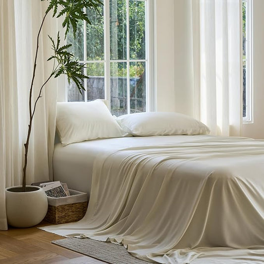 DOZ Sheet Set, 100% Viscose derived from Bamboo, Organically Grown, Buttery Soft, Cooling Sheets, High GSM, Deep Pockets - 3 Piece - 2 Pillowcases 1 Fitted Sheet (Ivory, Cal King)