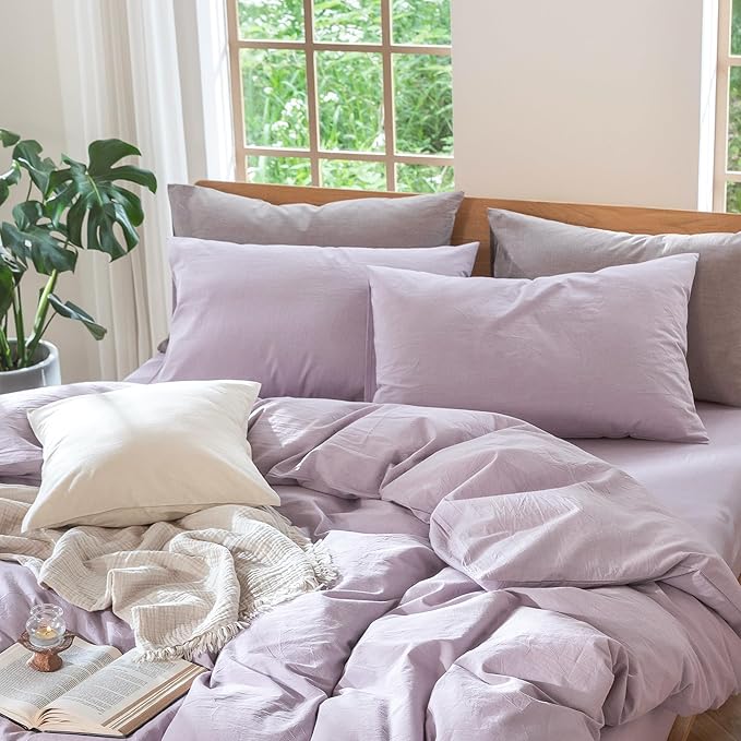MooMee Bedding Pillowcases Pack of 2 100% Washed Cotton Linen Like Textured Breathable Durable Soft Comfy (Heathered Light Purple, King)