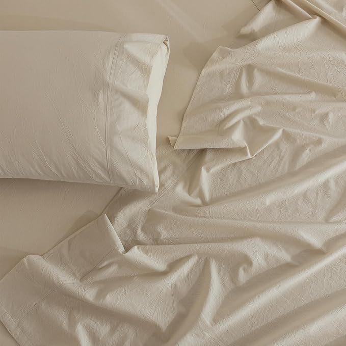 JIYUAN California King Size Sheet Set, 4-Piece - 100% Washed Cotton, Linen-Like Soft & Breathable, Includes Deep Pocket Fitted & Flat Sheet with 2 Pillowcases, Hotel Quality, Heathered Beige