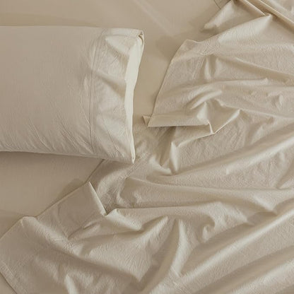 JIYUAN California King Size Sheet Set, 4-Piece - 100% Washed Cotton, Linen-Like Soft & Breathable, Includes Deep Pocket Fitted & Flat Sheet with 2 Pillowcases, Hotel Quality, Heathered Beige