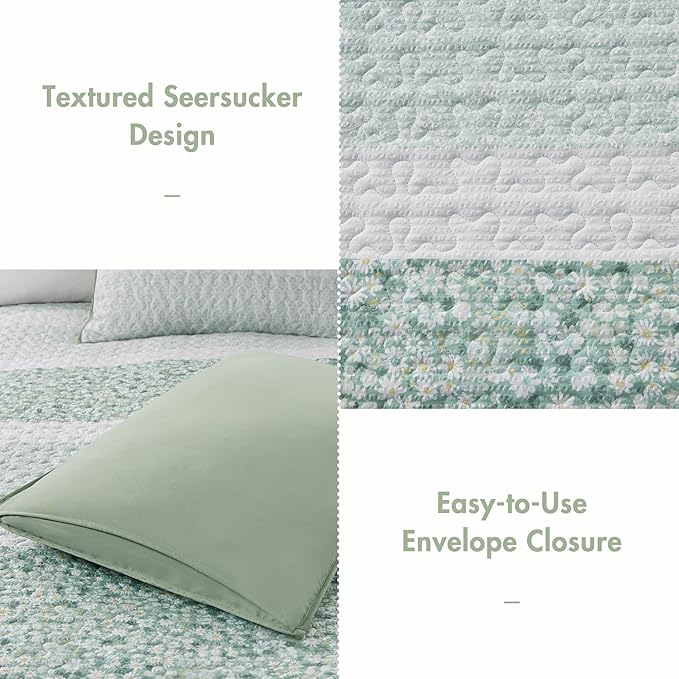 Madison Park Quilt Set, Seersucker Floral Coverlet for Queen Size Bed, All Season Lightweight Bedding, Farmhouse Quilt Set, Vermicelli Quilting, Throw Pillow, Caralie, Full/Queen Green 4 Piece
