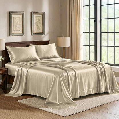 Satin Sheets King [4-Piece, Champagne Gold] Hotel Luxury Silky Bed Sheets - Extra Soft 1800 Microfiber Sheet Set, Wrinkle, Fade, Stain Resistant - Deep Pocket Fitted Sheet, Flat Sheet, Pillow Cases