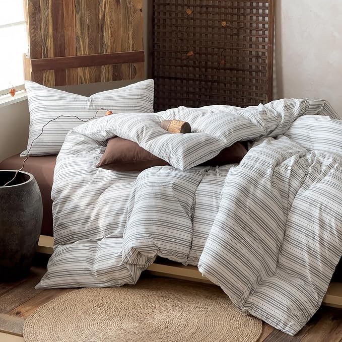 VM VOUGEMARKET Washed Cotton Duvet Cover King – Minimalist Neutral Tone, White Black Stripes,Breathable Lightweight Bedding Set for Contemporary Homes