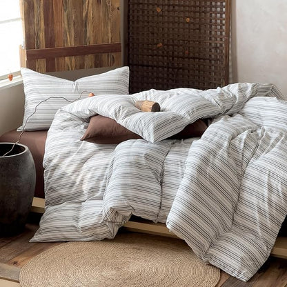 VM VOUGEMARKET Striped Duvet Cover Set, 100% Washed Cotton Textured Minimalist Bedding Set, Ticking Pinstripe Farmhouse, 3 Pieces, White Black Stripes, Queen Size