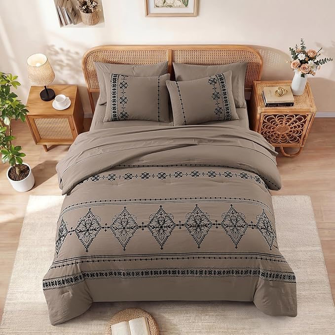 MaiRêve Queen Size Comforter Set Taupe Grey, Embroidery Floral Western Boho Bedding Set, All Season 7 Pieces Bed in a Bag with Sheets, Pillowcases & Shams