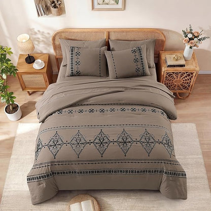 MaiRêve Full Size Comforter Set Taupe Grey, Embroidery Floral Western Boho Bedding Set, All Season 7 Pieces Bed in a Bag with Sheets, Pillowcases & Shams