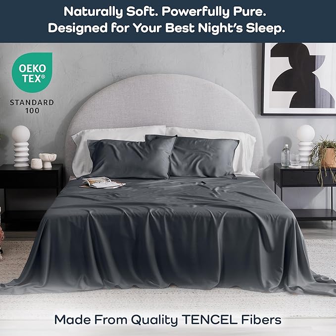 Olive + Crate Tencel Lyocell Eucalyptus California King Sheets - Cooling Tencel Sheets for Hot Sleepers with 18 Inch Deep Pocket Fit - Charcoal 4-Piece Set
