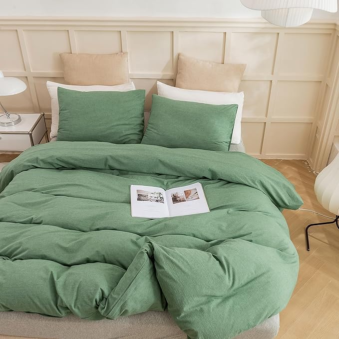 ECOCOTT Sage Green Duvet Cover Queen Size, 3 Piece 100% Washed Cotton 1 Duvet Cover with Zipper and 2 Pillowcases, Ultra Soft and Easy Care Breathable Cozy Bedding Set(Sage Green, Queen)