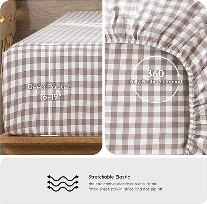 MooMee Gingham Sheet Set 100% Washed Cotton Linen Like Textured Breathable Soft w/Fully Elasticized 16-19" Deep Pocket (Classic Gingham Brown, Queen)