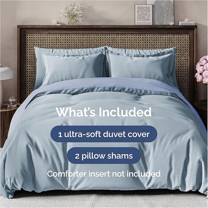Duvet Cover Full Size Set - Extra Soft Full Duvet Cover 80" x 90" with 2 Pillow Shams - Hotel Luxury, Easy Care & Fade Free with Zipper Closures & Ties - Comfy, Cozy and Breathable (Heathered Blue)