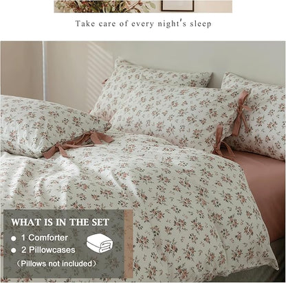 VM VOUGEMARKET Queen Comforter Set,Cottagecore Bedding Set,1 Peach Pink Flower Comforter with 2 Bowknot Pillowcases for All Seasons(3pcs,Queen)