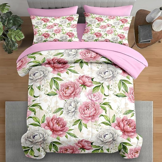 Valentine's Day Comforter Set Queen Size, Floral Botanical 7 Pcs Bedding for Kids and Adults, Peony Vintage Rose Bed Sheet Sets with Fitted Sheet 2 Pillowcases & 2 Shams for Bedroom Bed Decor