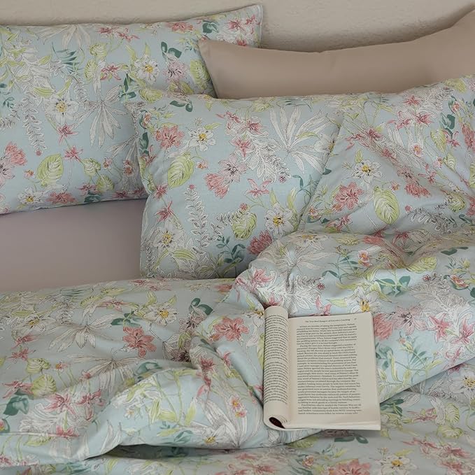 Floral Comforter Set King Cotton Down Alternative Bedding Set Girls Lightweight Boho Cute Bedding Comforter Sets Flower Fluffy Farmhouse Vintage Bed Comforter with 2 Pillowcases