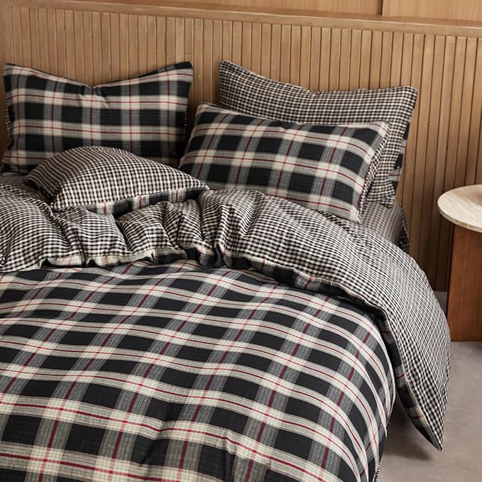 EAVD Vintage Style Red&Black Plaid Duvet Cover Full Soft 100% Cotton Muslin Retro Red Green Black Grid Checkered Bedding Set with 2 Pillowcases Reversible Gingham Duvet Cover with Zipper Closure