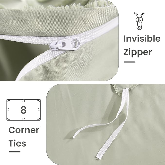 NEXHOME PRO Duvet Cover Queen,3 Pieces Boho Tufted Duvet Cover Set, Soft and Lightweight 100% Washed Microfiber Comforter Cover Set for All Season(Sage Green,90 x 90)-No Comforter