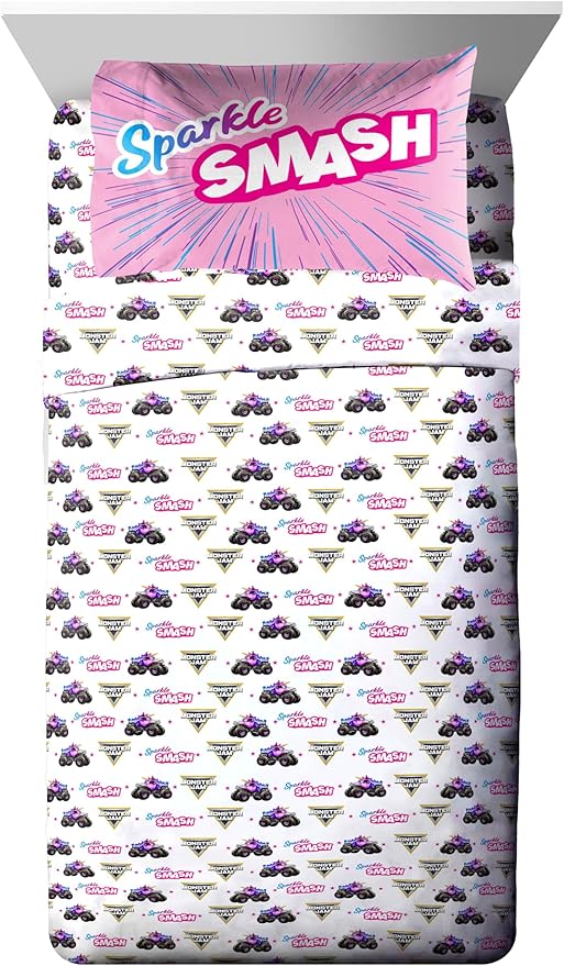 Jay Franco Kids Comforter Set Includes Sheets and Pillow Covers - Soft and Cozy Bed Set for Stylish Room Decor, Pink - Monster Jam, 5 Piece Twin Bedding