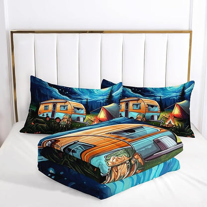 Short Full Quilt Bedding Set for RV Camper - Camping Theme Comforter Set, Vintage Rustic Farmhouse Boho Travel-Inspired Design