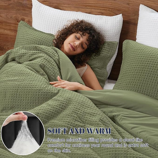 PHF Ultra Soft Waffle Weave Comforter Set King Size, 3 Pieces Lightweight Breathable Comfy Bedding Set, Comfy Textured 1 Comforter with 2 Pillow Shams, Olive Green