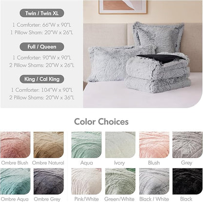 Intelligent Design Malea Shaggy Bedding Comforter Set, Long Faux Fur Cozy Down Alternative, Modern Ultra Soft All Season Warm & Fluffy Comforter, Matching Sham, Full/Queen Heathered Grey 3 Piece